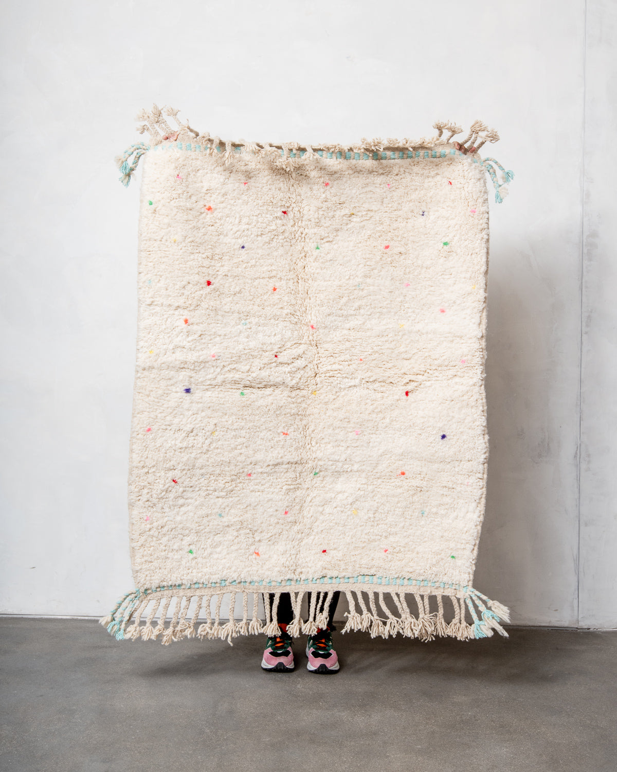 Modern, designer, handcrafted Berber rug from Morocco. Beniourain carpet with beautiful colours and patterns and fluffy wool texture.